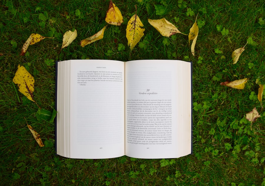 Aufgeschlagenes Buch im Gras mit Herbstblättern